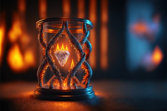  a glass candle holder with a diamond inside of it on a table with a blurry background of flames and a black background with a blue border around the edges and a red border with.  generative ai