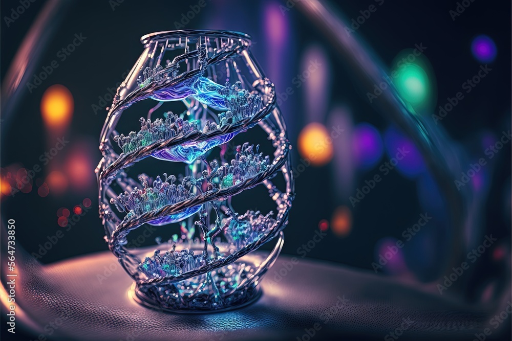 Poster a glass vase with a tree inside of it on a table top with a blurry background of lights and a blurry
