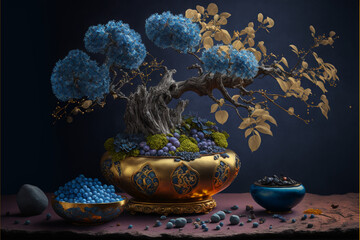 Bonsai iluminado com luzes perfeitas em um vaso com detalhes, Generative AI