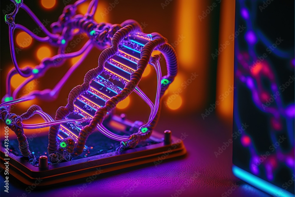 Poster a model of a structure with a purple light in the background and a blue light in the background with