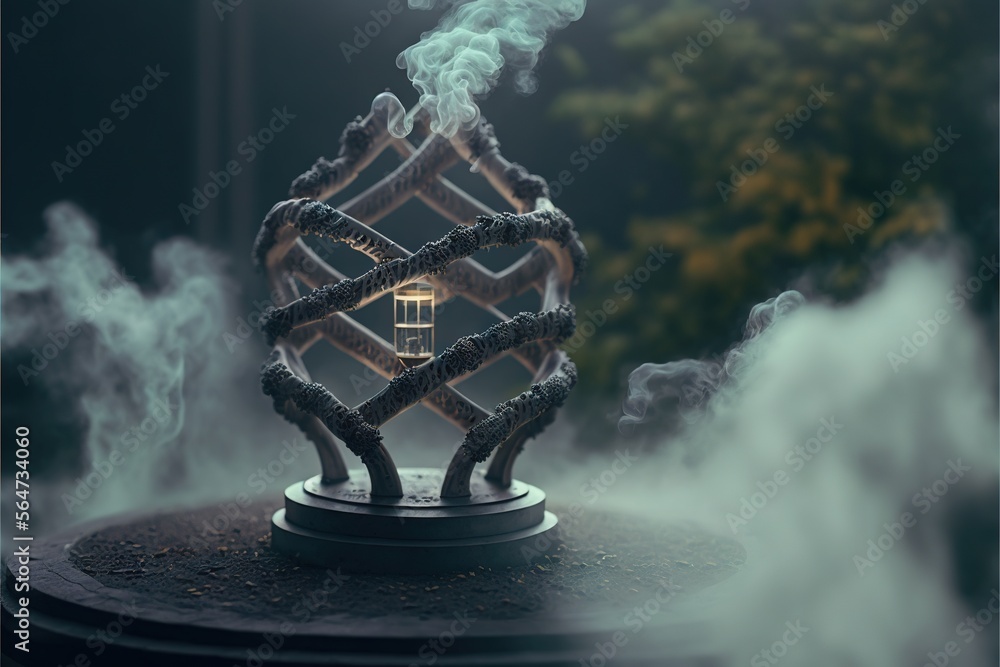 Poster a smokestack with a house in it on a table with a tree in the background and a fogy sky above it, wi