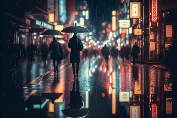 Scene Tokyo city at night with rain, people walk, umbrella, Generative AI