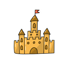 Drawing cute illustration sand castle beach game play child have fun building relax resort flat doodle style isolated on white background