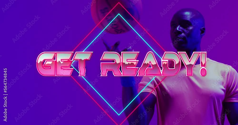 Poster animation of get ready text and neon lines over basketball player on neon background