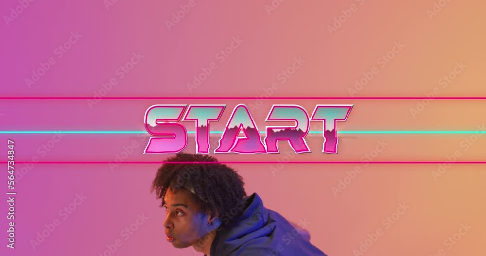 Poster animation of start text and neon lines over basketball player on neon background