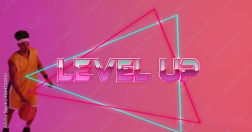 Poster animation of level up text and neon lines over basketball player on neon background