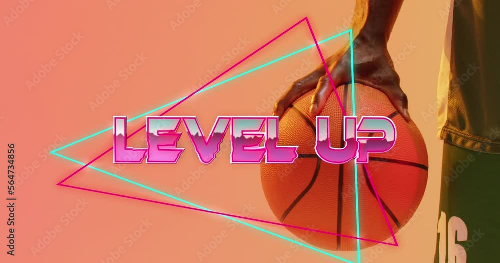 Poster animation of level up text and neon lines over basketball player on neon background