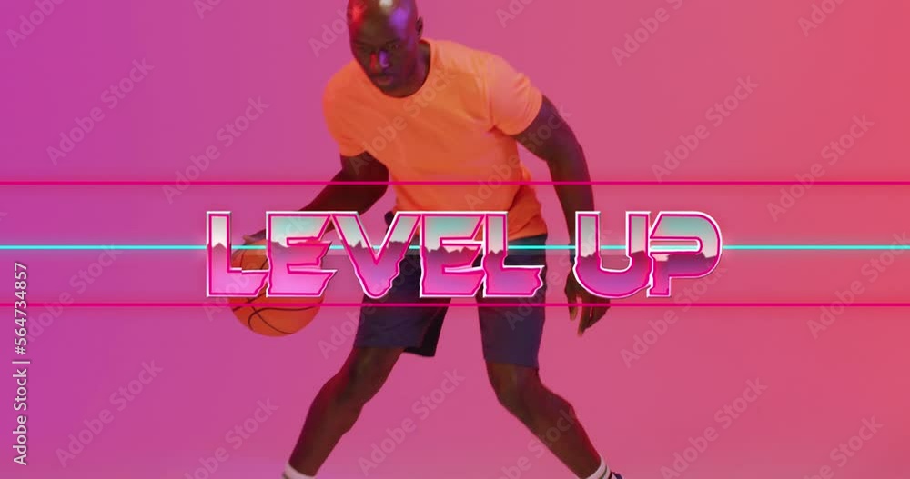 Poster animation of level up text and neon lines over basketball player on neon background