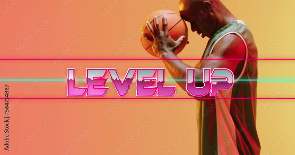 Poster animation of level up text over basketball player on neon background