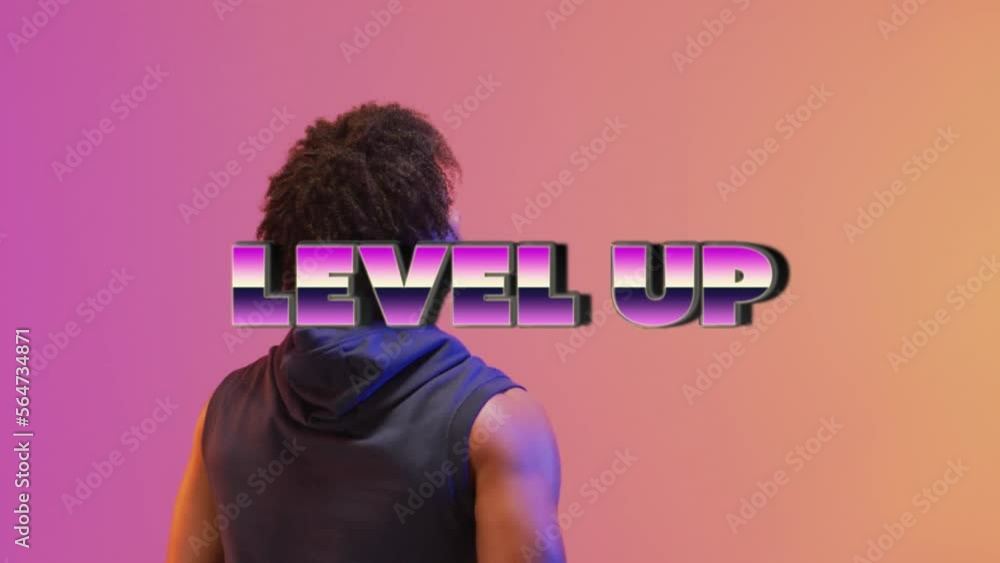 Poster animation of level up text over basketball player on neon background