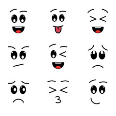 Smile icons with kawaii eyes. Flat design vector illustration of kawaii eyes on white background