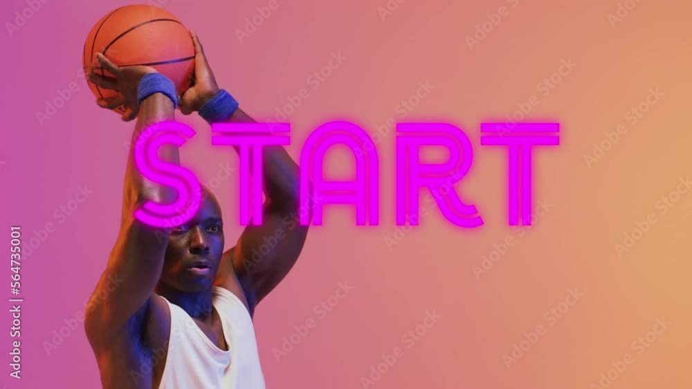 Poster animation of start text over basketball player on neon background