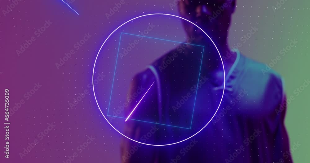 Poster animation of shapes and light trails over basketball player on neon background