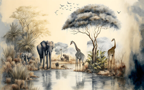 
Watercolor painting style, high quality digital art, landscape on an African tropical jungle with trees next to a river with giraffes, elephants and birds in coordinating colors