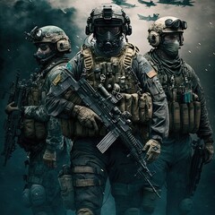Obraz premium Military Special Forces With Weapon Armed Soldiers