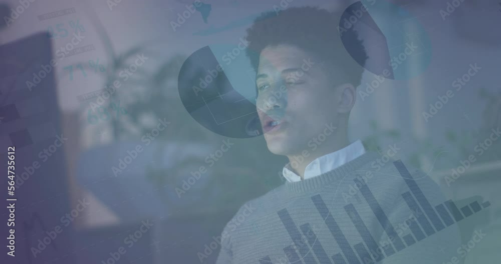 Poster animation of data processing over biracial businessman working in office