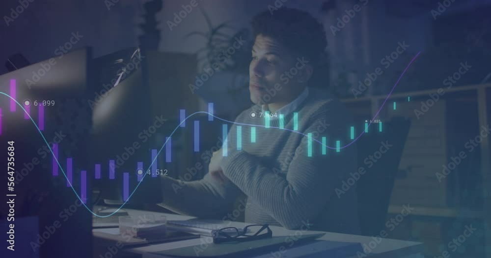 Poster animation of data processing over biracial businessman working in office