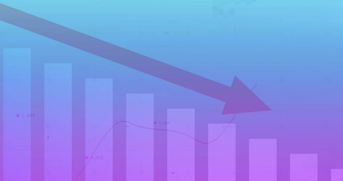 Animation of financial data processing and statistics with arrow over blue background