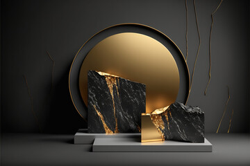 Minimal and Elegant product placement Mock up, background on golden black marble wall, platform stage mockup, golden fissure , Black marble