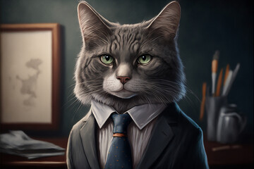 Portrait of Tom cat in a business suit, at the office