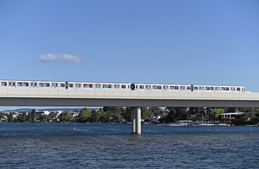 Subway crosses the bridge over the Danube in Vienna