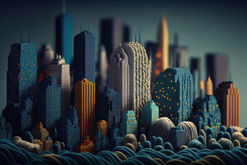 Obraz premium Blue, Grey, and Tan Skyscrapers, City, Cityscape, Skyline made of fabric, yarn, wool, crochet, knitting for graphic design and background