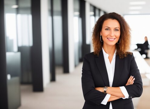 Candid portrait of a powerful, proud and confident female executive businesswoman standing in a modern office, generative ai