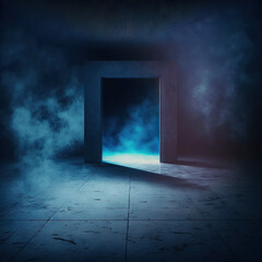 Rectangular stone doorway surrounded by smoke dimly lit background image. 4K wallpaper. AI illustration