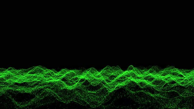 3D Abstract background with waving dotted surface, moving and flickering green particles, lines and stripes. Animation of seamless loop. Etheric field. 3D animation