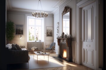 Fototapeta premium Scandinavian interior style living room with a pireplace, a big mirror, potted plants and natural wood coffe table and furniture illuminated brightly with sunshine through a big window