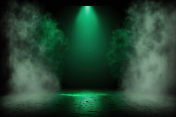 Fototapeta na wymiar Stage with a bright green spotlight in the middle of it with smoke
