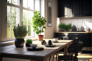 Fototapeta premium Scandinavian style interior kitchen with natural wood dining table and dark grey color furniture full of tableware and herbs and potted plants illuminated in the morning sunshine through a window