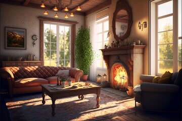 Country interior style living room with fireplace and with natural wood furniture and a cozy leather sofa with a wooden smoking table on a big carpet