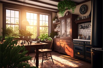 Fototapeta premium Country style interior kitchen with natural wood dining table and furniture full of tableware and herbs illuminated in the morning sunshine through a window