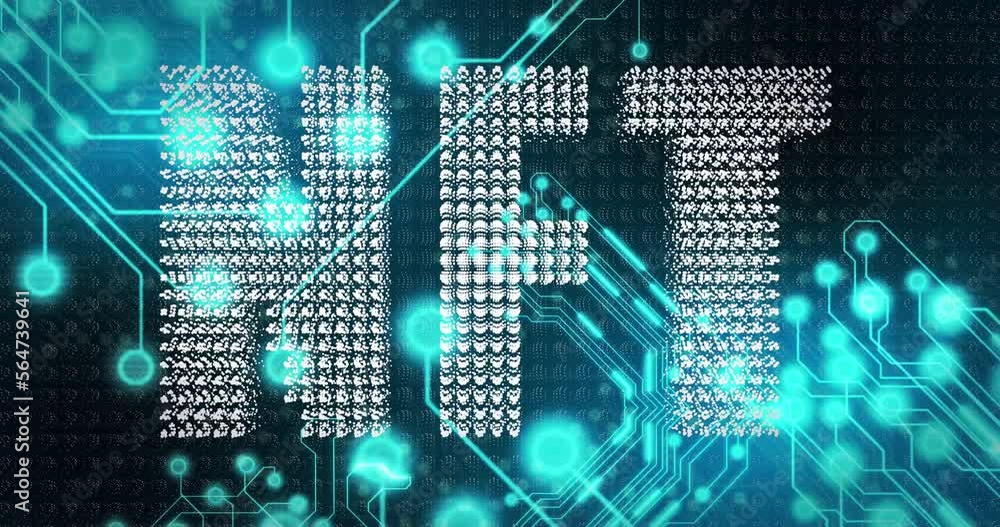 Poster animation of illuminated nft text over electronic circuit board patterns