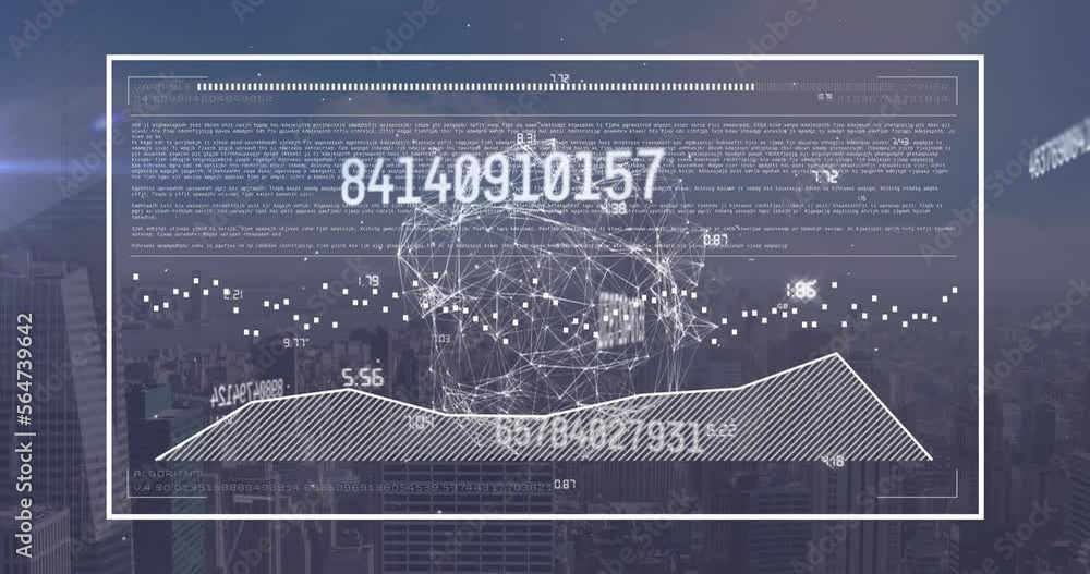 Poster animation of screen with computer language, moving graph and changing numbers over cityscape