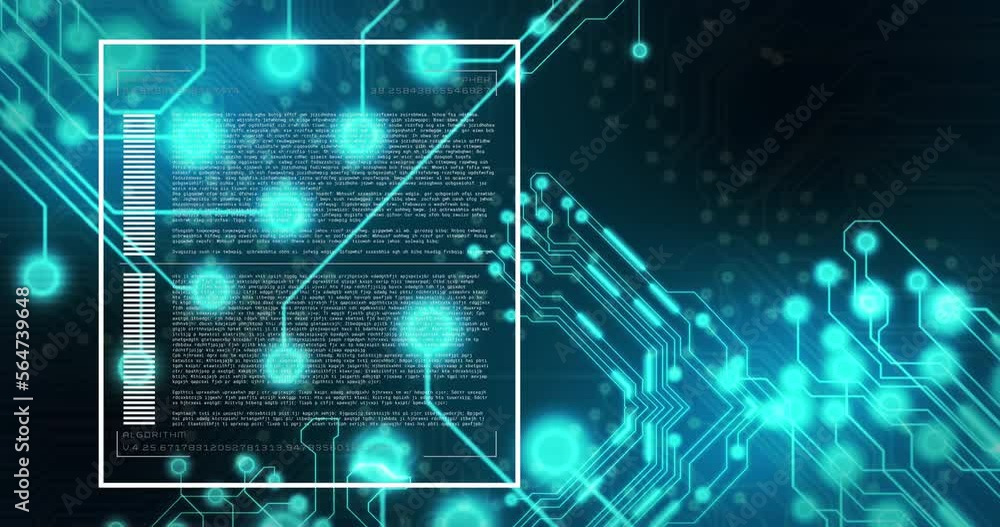 Poster animation of digital screen with computer language over illuminated electronic circuit board pattern