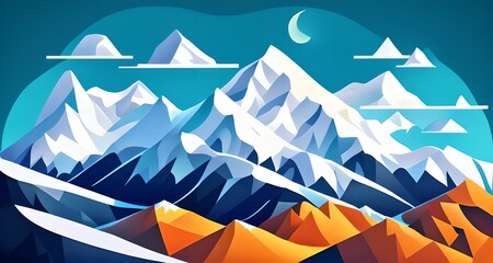 mountain views, snowy mountains. Screensaver in cartoon style, game design