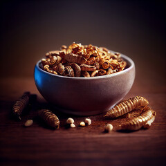 Geröstete knusprige Insekten und Nüsse als Snacks in einer Schale generiert mit generative KI