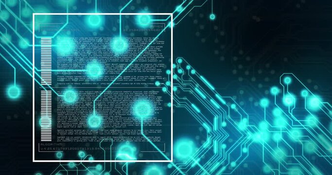 Animation of digital screen with computer language over illuminated electronic circuit board pattern