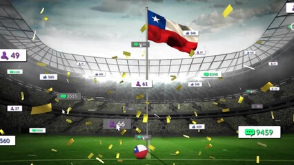 Animation of social media icons and confetti falling over waving texas flag against sports stadium - Powered by Adobe