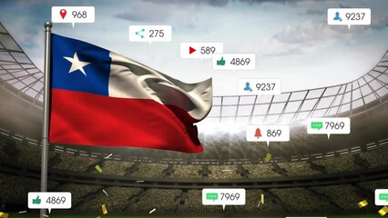 Animation of social media icons and confetti falling over waving texas flag against sports stadium - Powered by Adobe