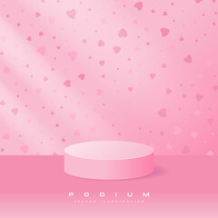 Pink realistic 3d cylinder pedestal podium in pastel colorful abstract rooms. Hearts Valentines day background. Vector rendering geometric forms. Minimal scene.