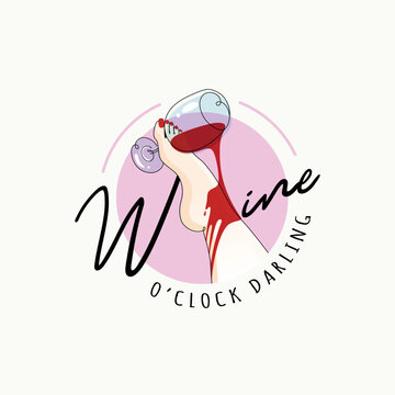 Pretty women's feet with red spilled wine glass emblem. Slogan with wine o'clock darling trendy, elegant, t-shirt illustration. 
