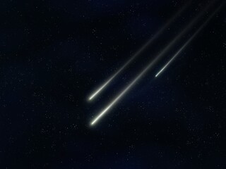Glowing meteors against the background of stars. Bright flash from three meteorites in the sky.