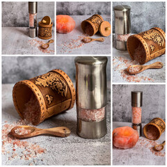 Collage - Himalayan coarse pink salt. Salt grinder.A fragment of Himalayan salt, a burning candle inside.