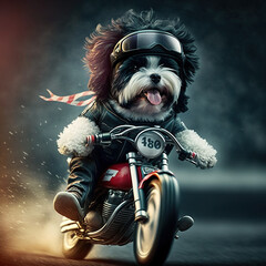 Cute havanese dog in a motorcycle suit rides a motorcycle. Generative AI.