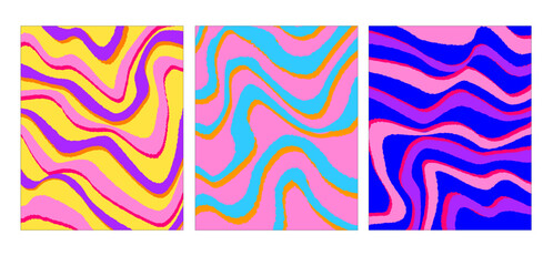 Fototapeta premium Retro vibes vector interior posters in hippie style. 70s funky and groovy style posters and card. Abstract retro wavy wallpaper for social, decoration and backgrounds