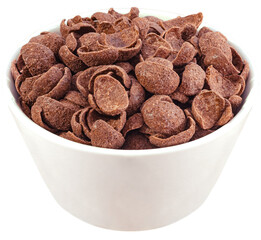 Chocolate cereals in white bowl. Chocolate flavored corn flakes. Wheat. Cocoa. Crispy. Crunchy. Breakfast. Snack. Granola. Oat.