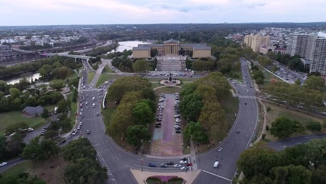 Beautiful Philadelphia Cityscape with Museum of Art, Schuylkill River and Traffic in Background. Philadelphia